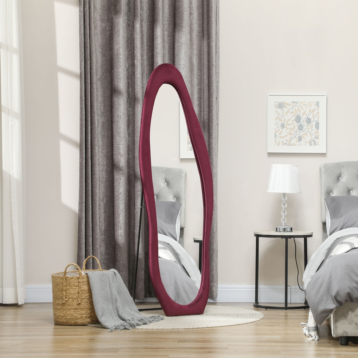 Irregular Full Length Mirror with Velvet Frame 160 x 50cm Wine Red