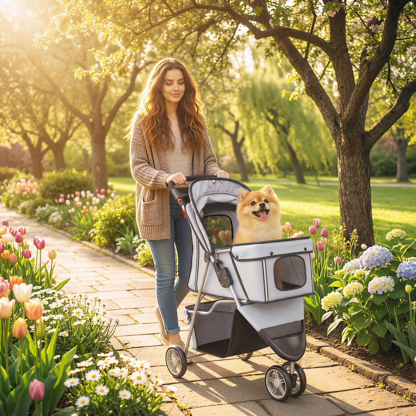 Pet Stroller Pushchair Carrier for Cat Puppy with 3 Wheels Grey
