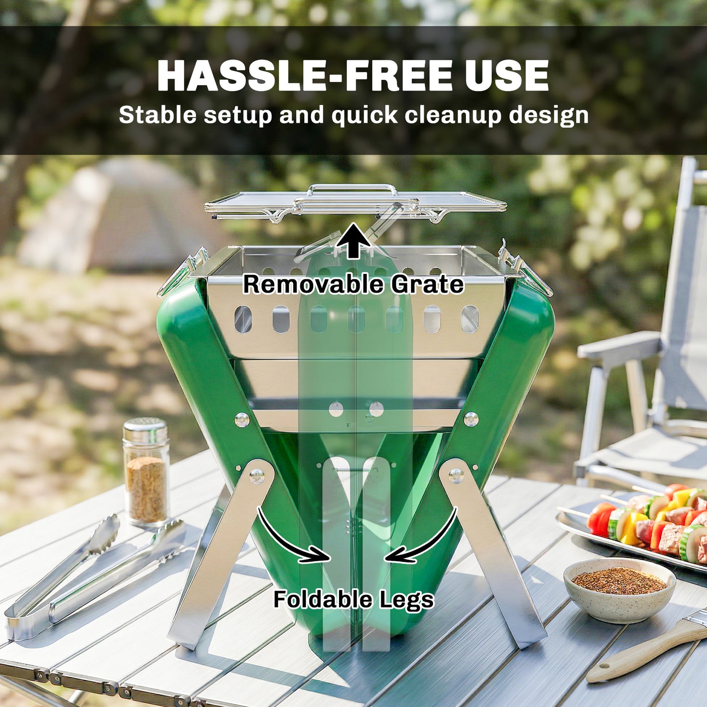 Charcoal BBQ Grill Portable with Tilting Grate Dark Green