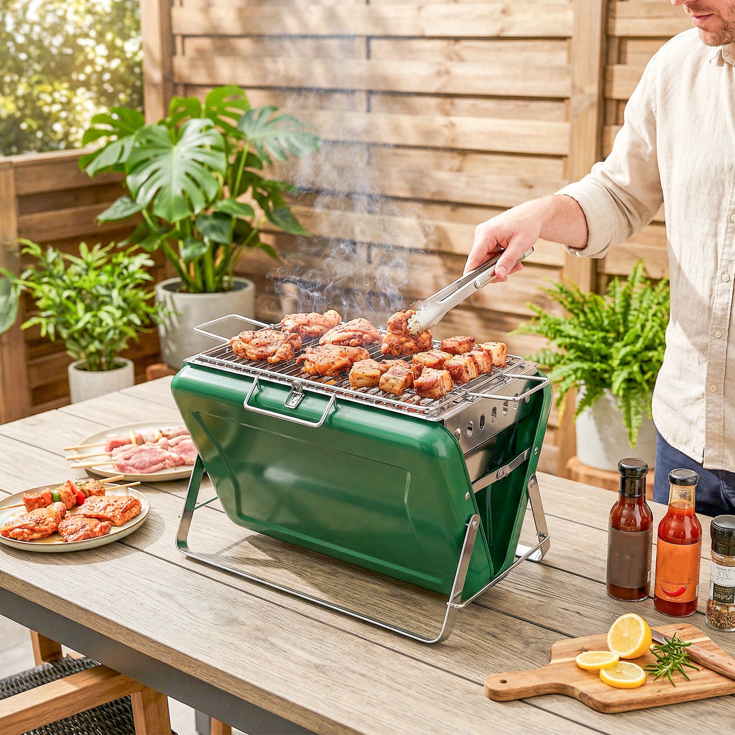Charcoal BBQ Grill Portable with Tilting Grate Dark Green