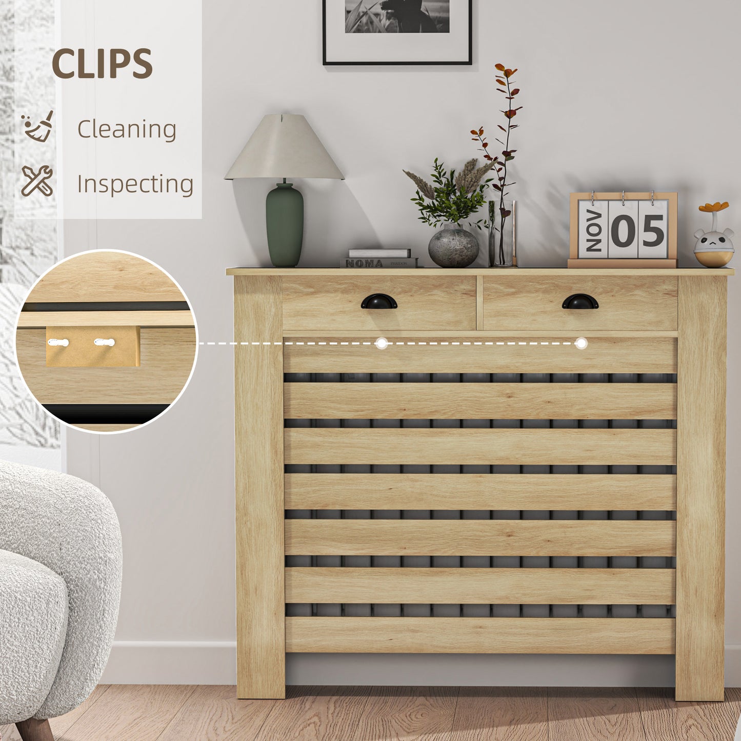 Radiator Cover with Drawer, Horizontal Slat, 111cm, Oak