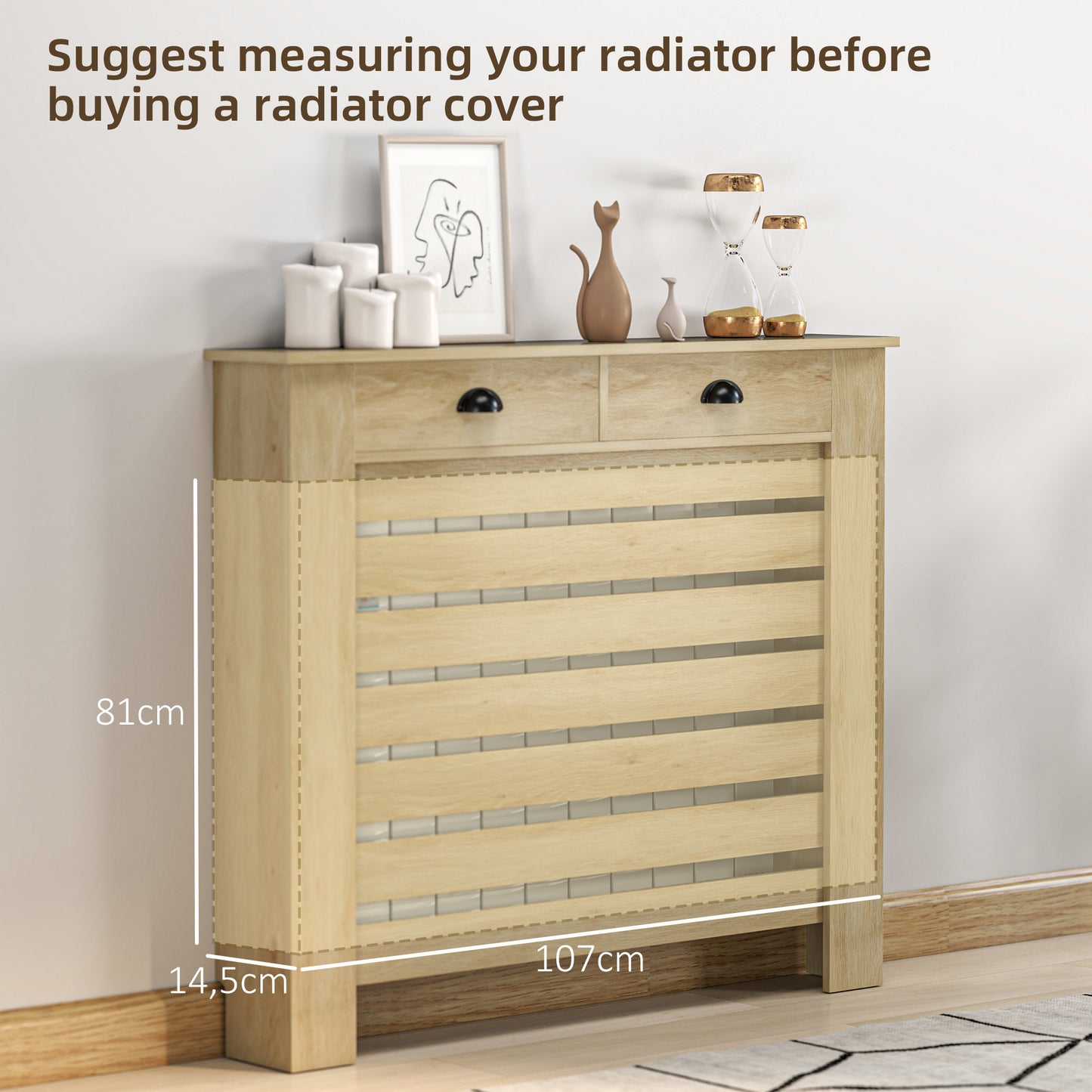 Radiator Cover with Drawer, Horizontal Slat, 111cm, Oak