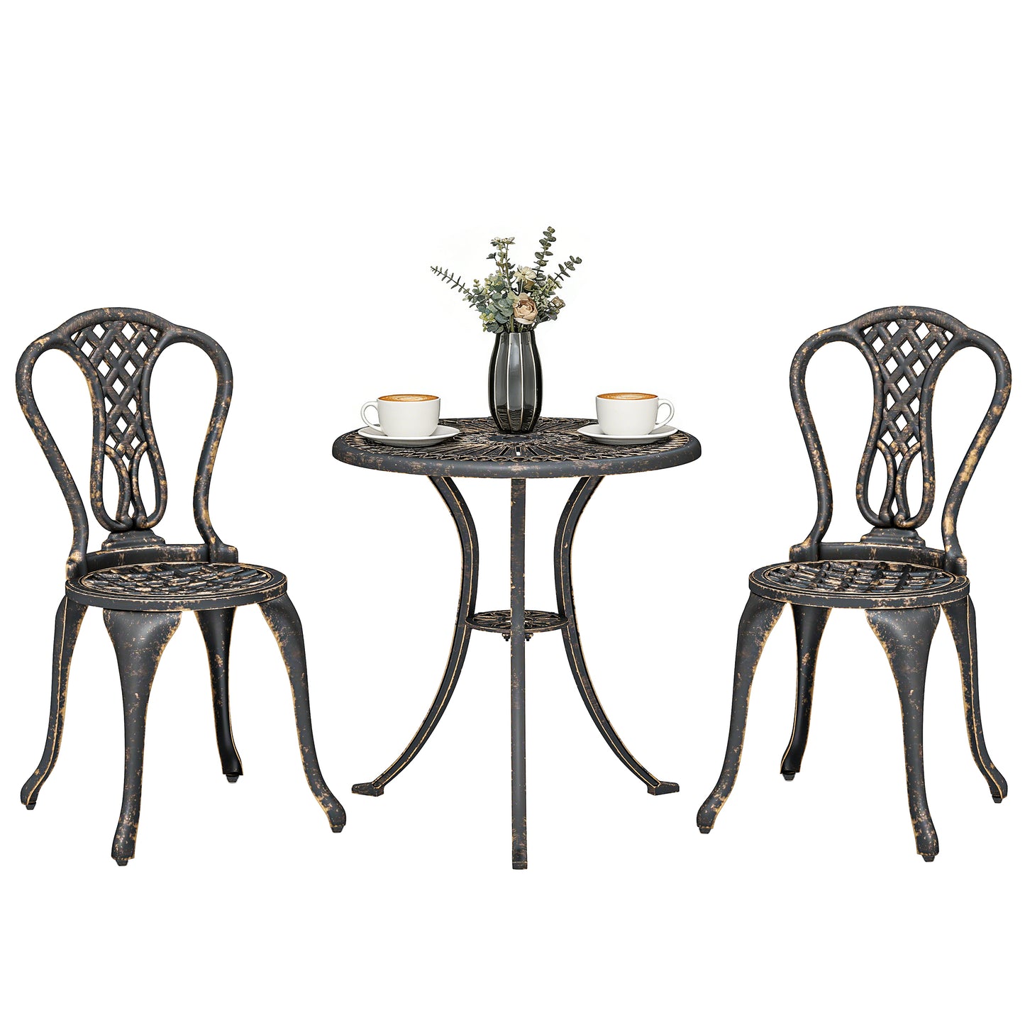 Outdoor Bistro Set Cast Aluminium Patio Furniture for 2, Brown