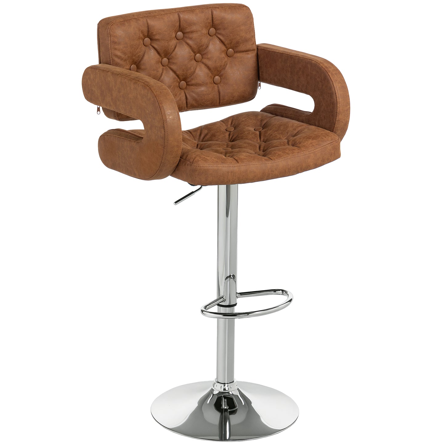 Adjustable Height Barstool Steel Pole PU Leather, Brown