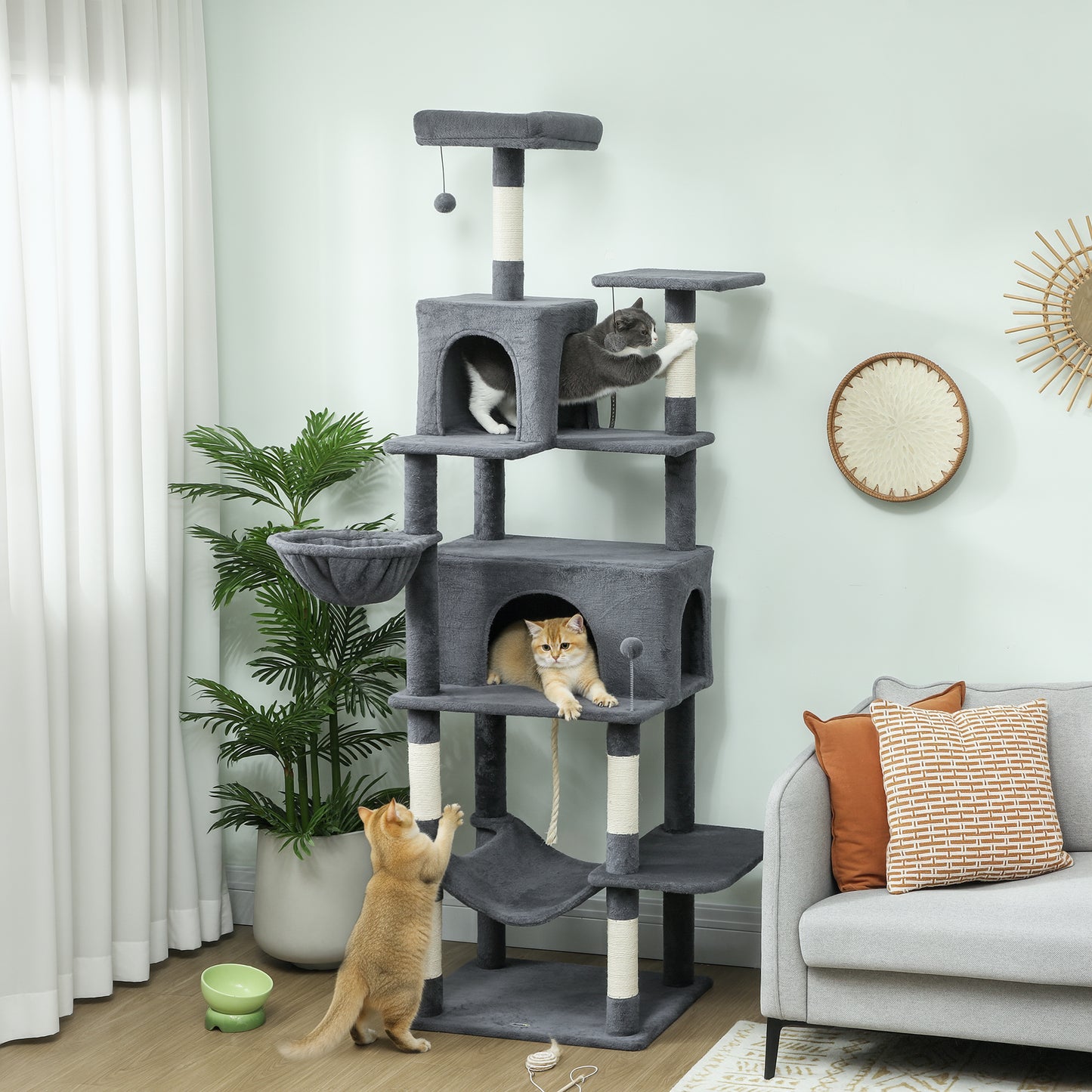 Cat Tree, 202cm Cat Tower with 2 Condos, 2 Hammocks, 2 Perches