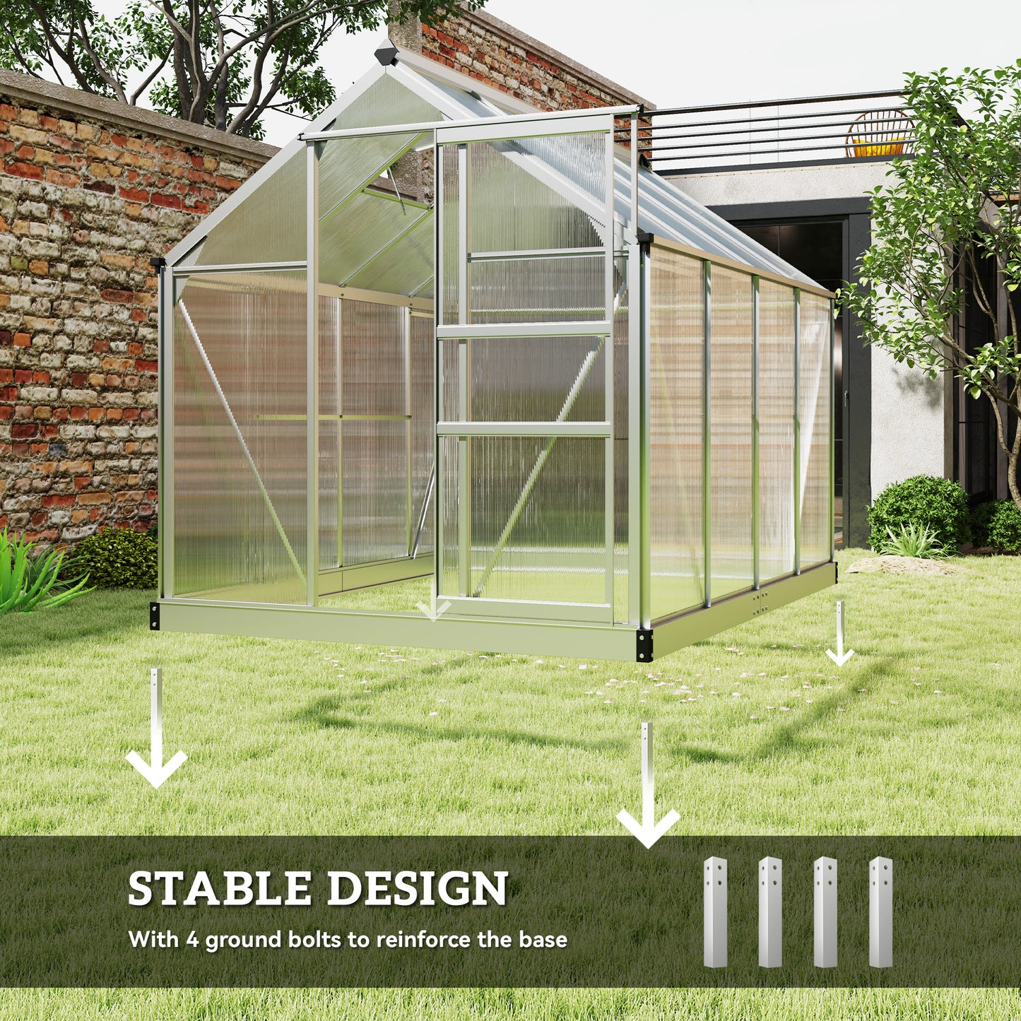6x8ft Walk-In Polycarbonate Greenhouse Plant Grow Galvanised Aluminium