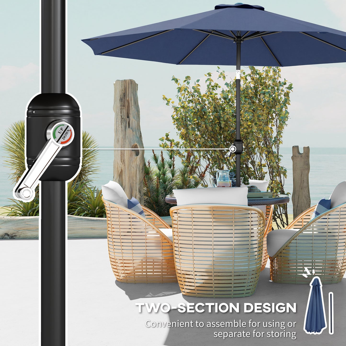 3(m) Garden Umbrella Outdoor Sunshade Canopy w/ Tilt & Crank Navy