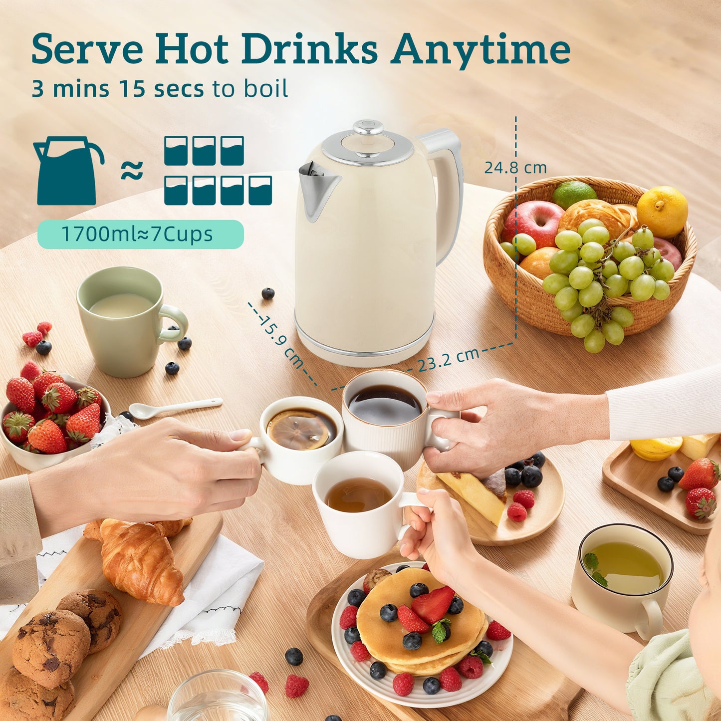 1.7L 3000W Kettle and 2 Slice Toaster with Keep Warm Memory Function