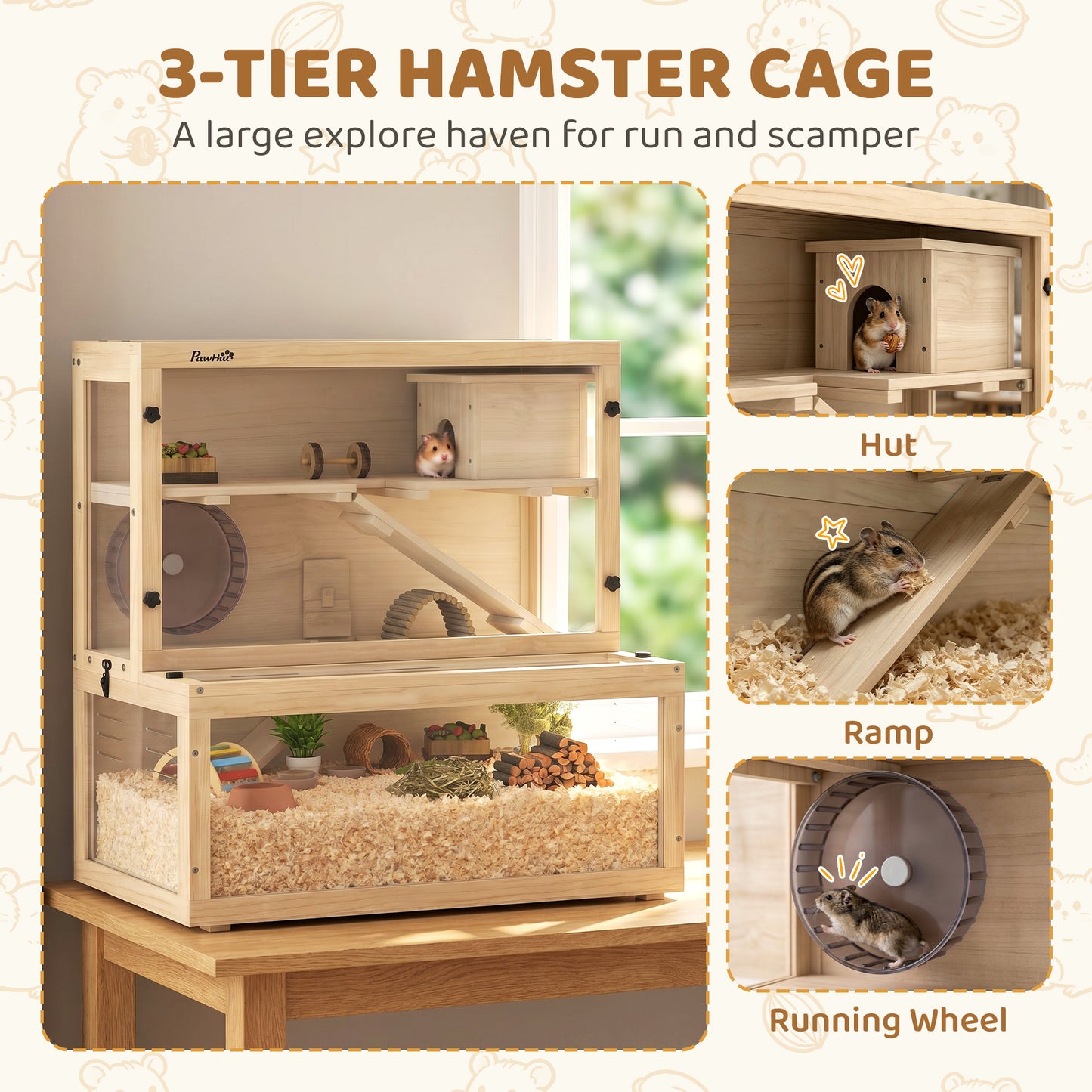 Wooden Hamster Cage, Large Gerbil Cage with Hut, Wheel, Ramps, 3 Tier Small Animal Habitat with Removable Viewing Panels, 80 x 50 x 84 cm, Natural
