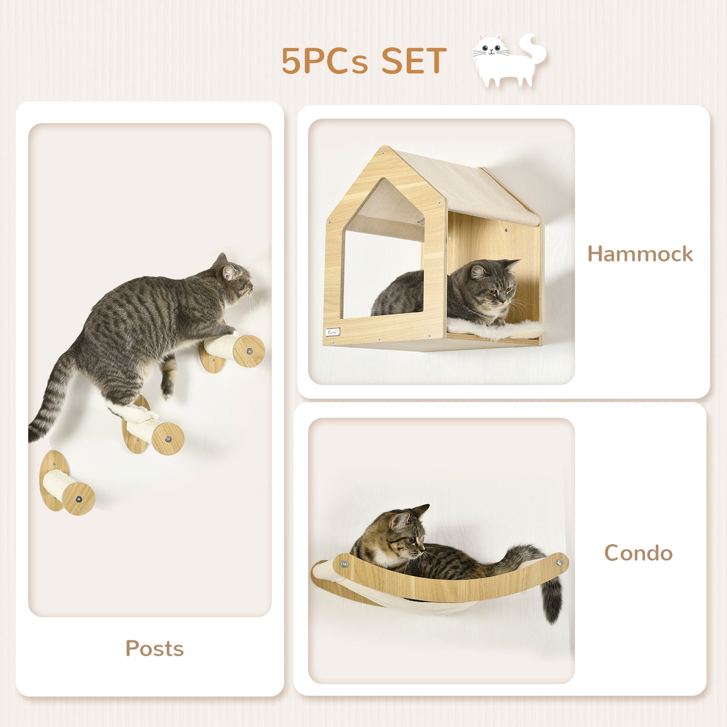 5PCs Wall Mounted Cat Tree Cat Climbing Shelf Set Scratching Post, Oak