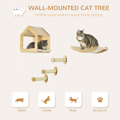 5PCs Wall Mounted Cat Tree Cat Climbing Shelf Set Scratching Post, Oak