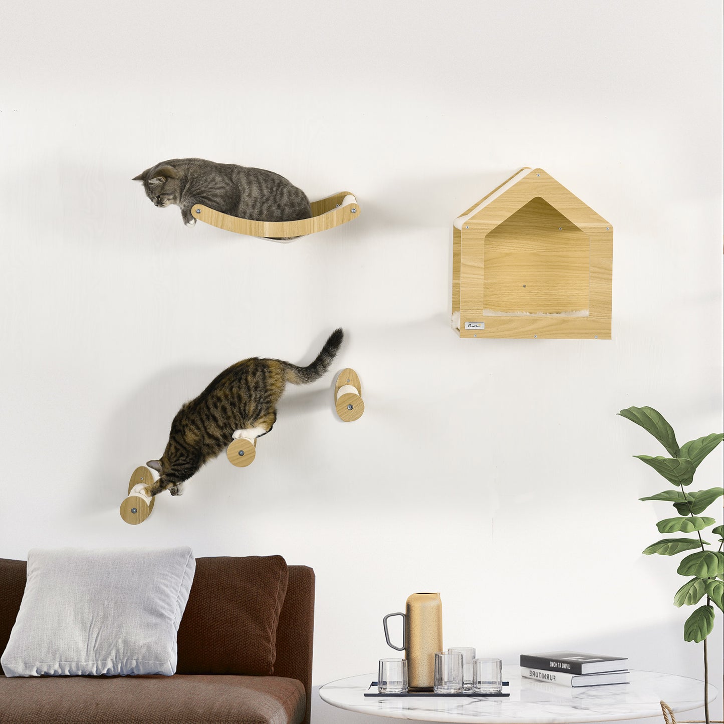 5PCs Wall Mounted Cat Tree Cat Climbing Shelf Set Scratching Post, Oak