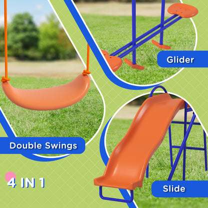 4 in 1 Metal Garden Swing Set with Double Swings Glider Slide Ladder Orange