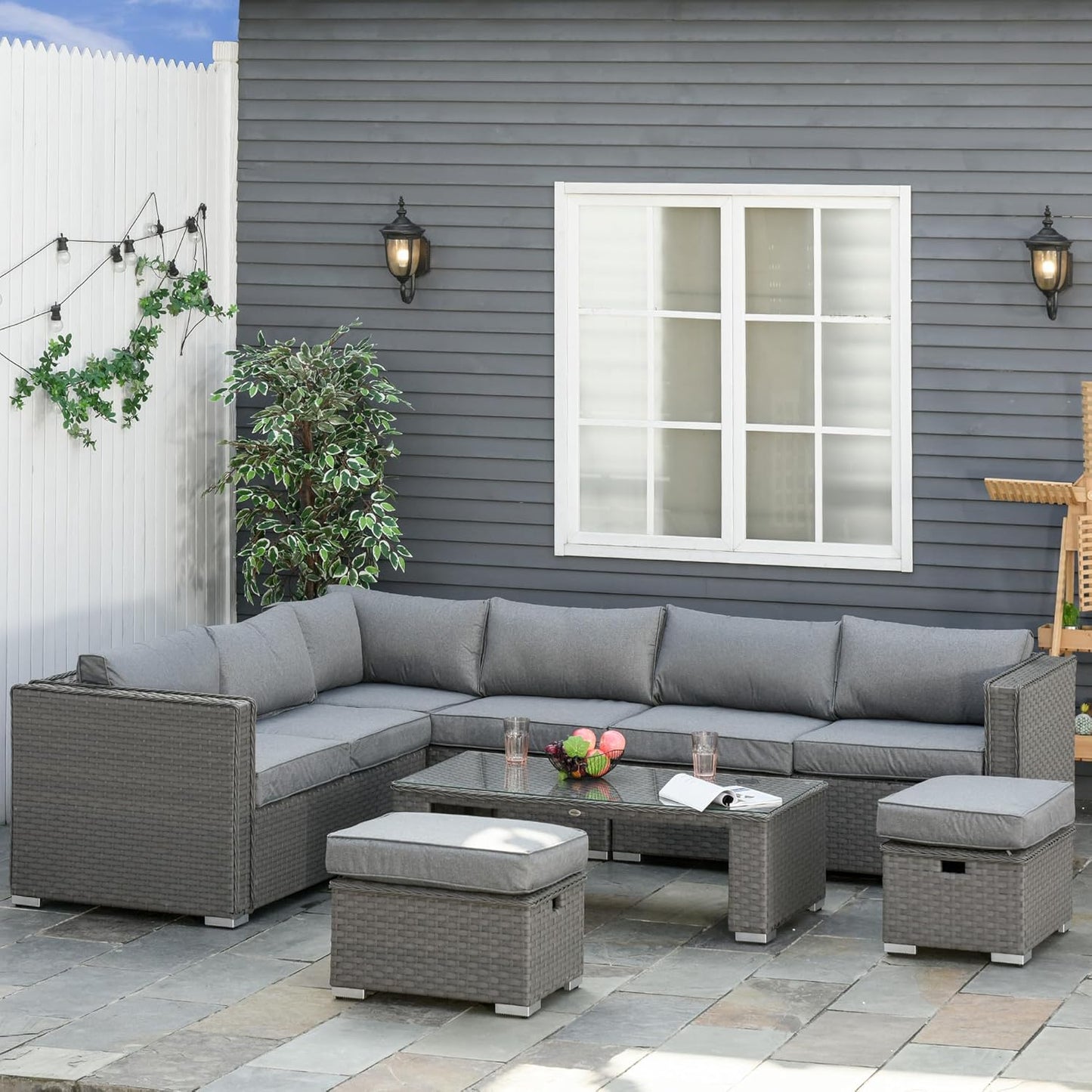6 Pieces Outdoor PE Rattan Wicker Corner Sofa Set with 10cm Thick Padded Cushions, Aluminium Conservatory Furniture with Glass Top Coffee Table, Footstools, Grey