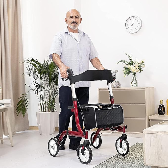 Folding Rollator Walker Frame with Seat and Backrest, Lightweight Frame with Storage bag & dual brakes - Red