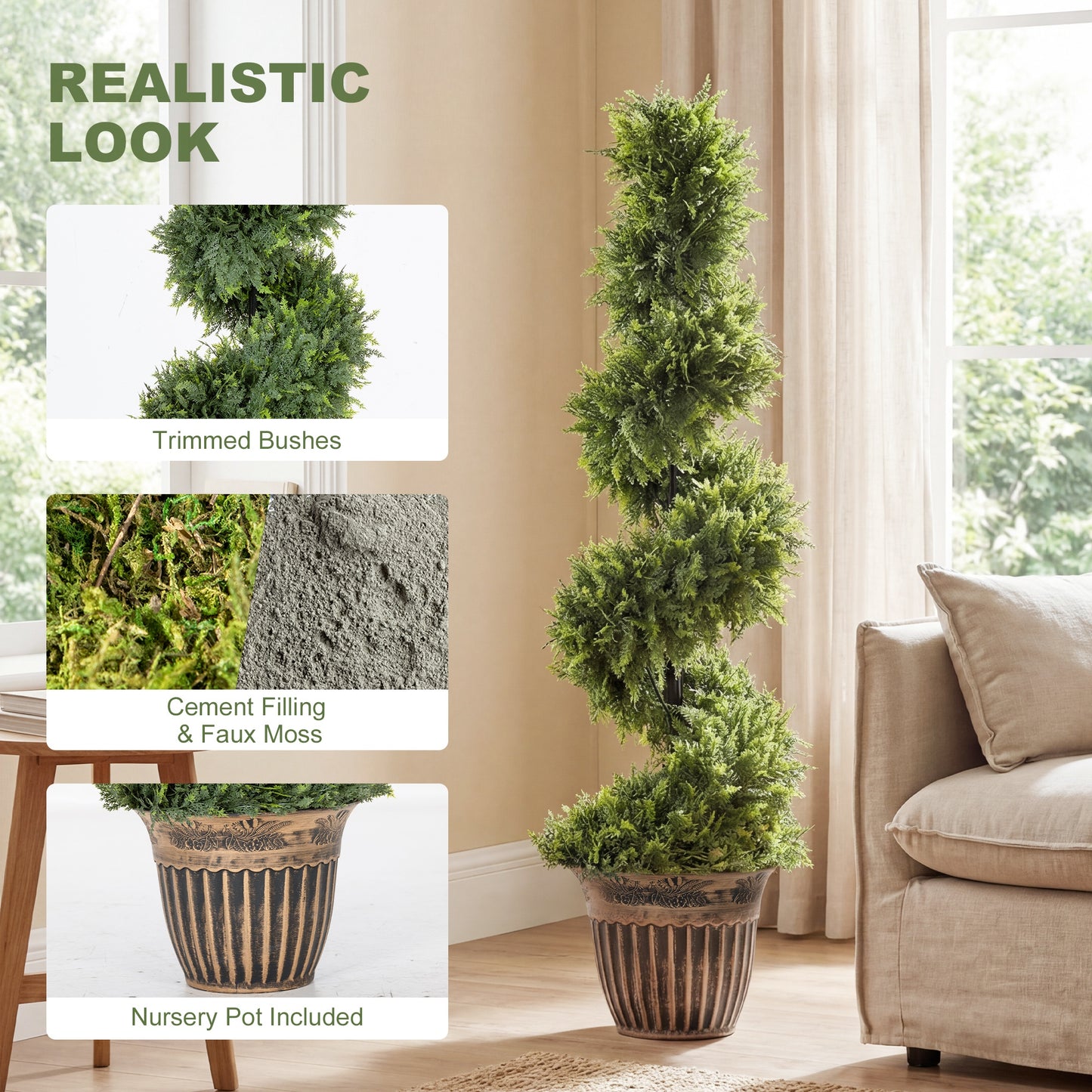 Set of 2 Potted Artificial Plants, Topiary Spiral Cypressd Trees