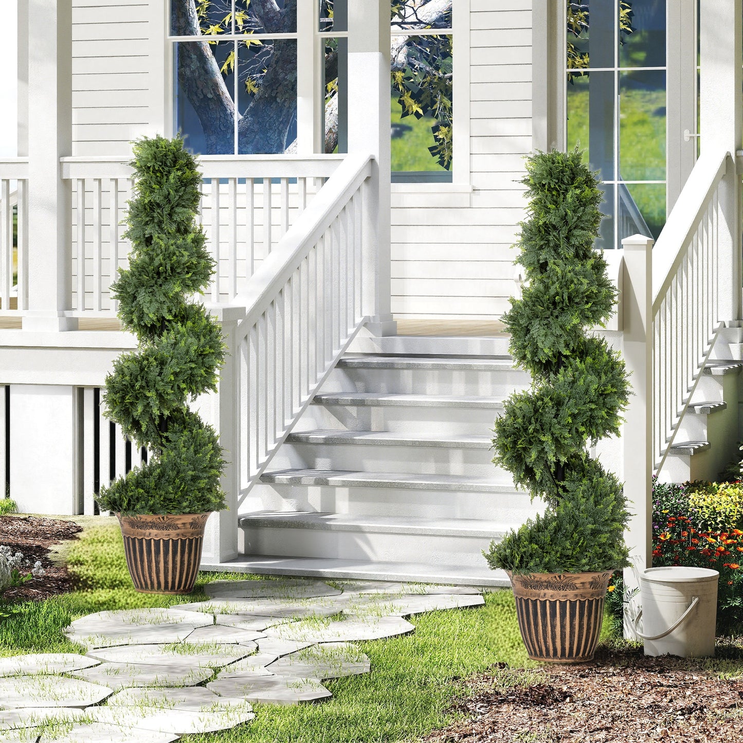 Set of 2 Potted Artificial Plants, Topiary Spiral Cypressd Trees