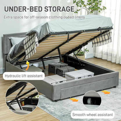 King Size Ottoman Bed Frame with Hydraulic Lifting Storage, Wheeled Drawer, Adjustable Velvet Upholstered Headboard, Wooden Slats Mattress Foundation, No Box Spring Needed, Grey