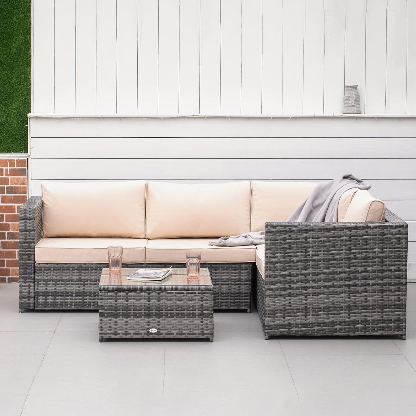 3Pcs Rattan Garden Furniture 4 Seater Outdoor Patio Corner  Chair Set with Coffee Table Thick Cushions, Beige