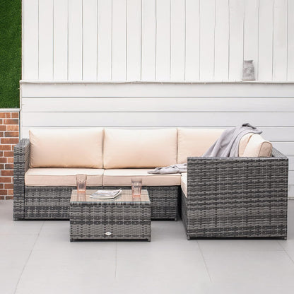 3Pcs Rattan Garden Furniture 4 Seater Outdoor Patio Corner  Chair Set with Coffee Table Thick Cushions, Beige