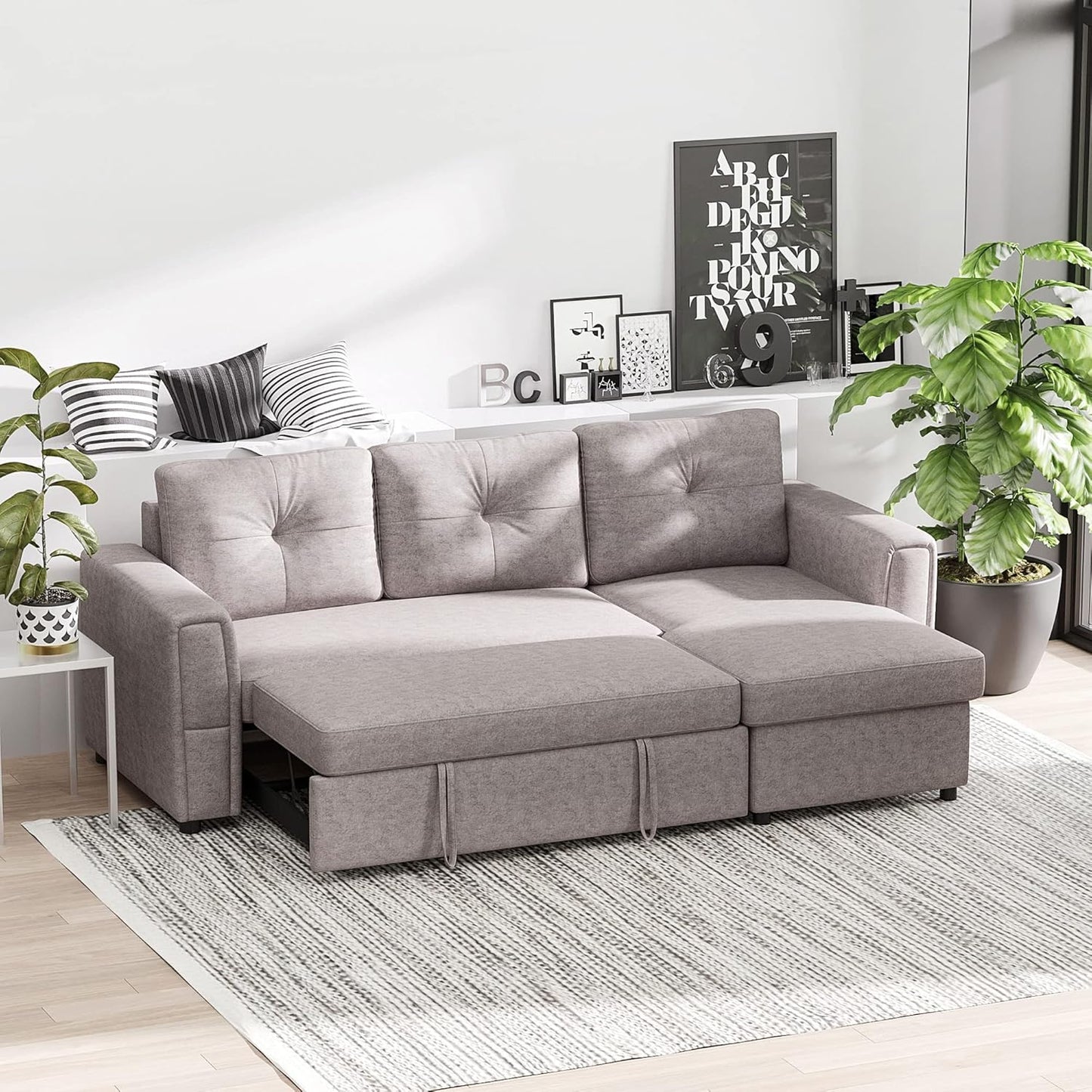 3 Seater Linen Look L-Shaped Corner Sofa, Pull Out Sofa with Storage Compartment In Grey - Hurry Limited Stock!