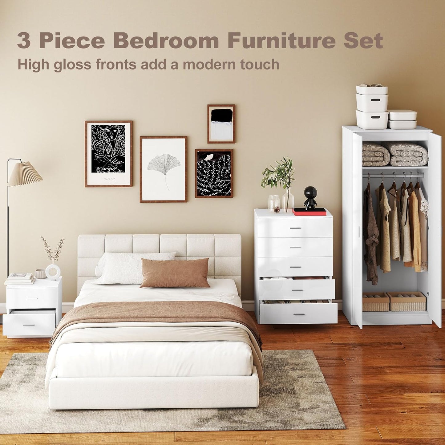 High Gloss 3 Piece Trio Bedroom Furniture Set Wardrobe + Chest Of Drawer + Bedside White