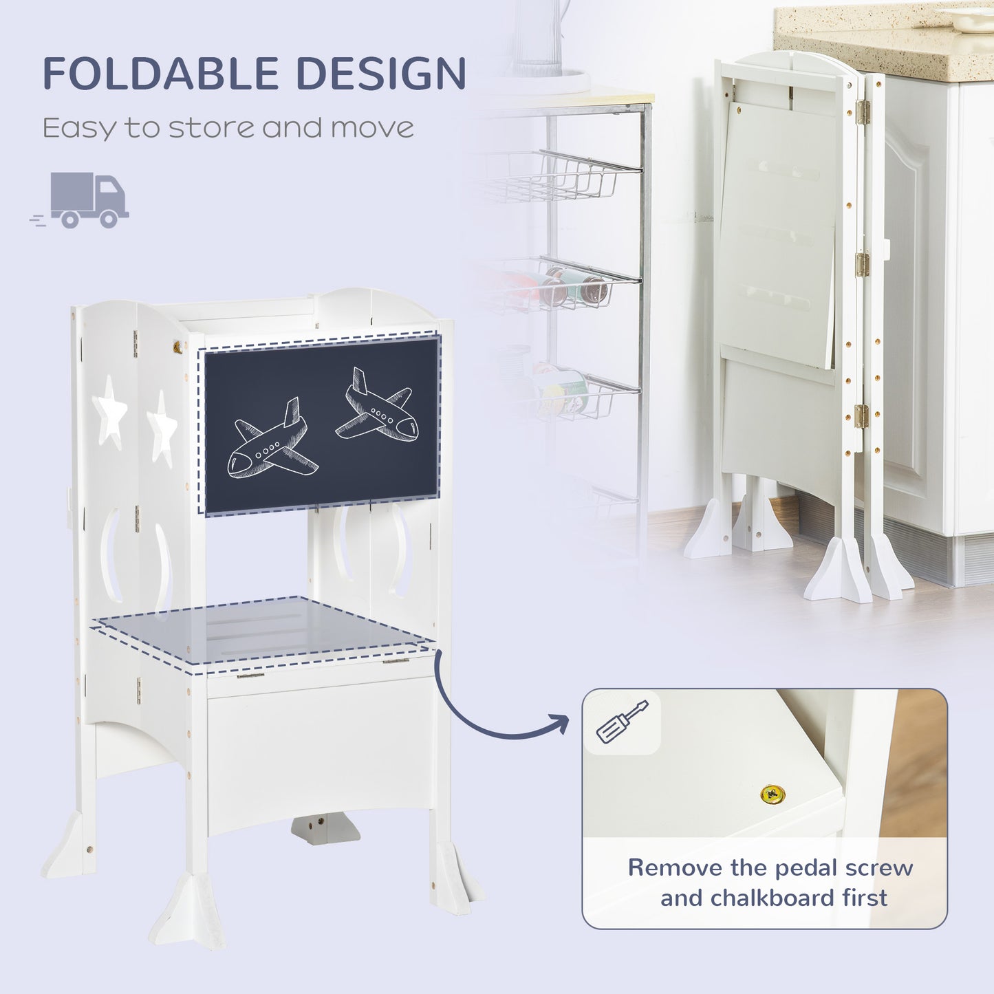 Kids Step Stool Toddler Kitchen Stool with Blackboard Lockable Handrail