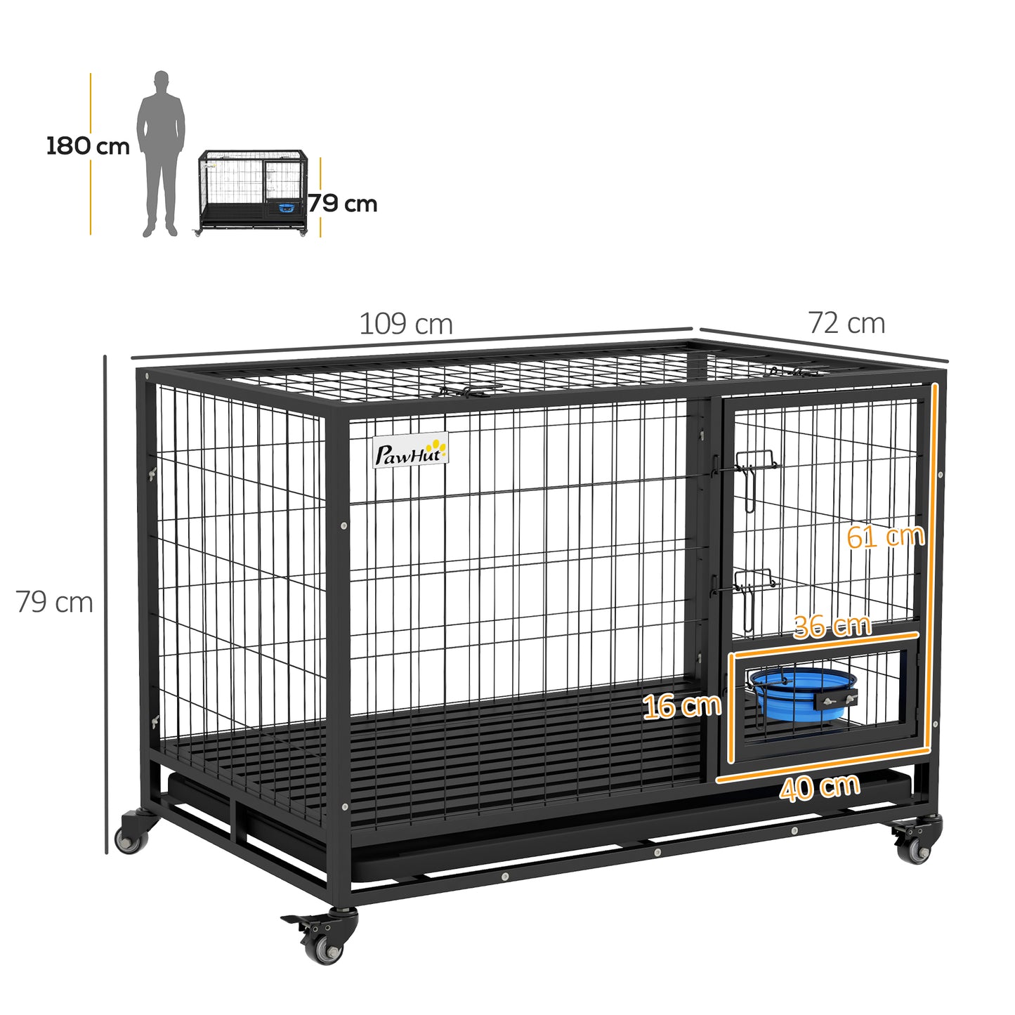 43" Heavy Duty Dog Crate on Wheels w/ Bowl Holder, Removable Tray