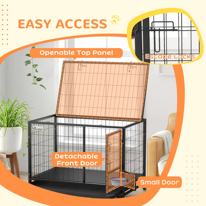 43" Heavy Duty Dog Crate on Wheels w/ Bowl Holder, Removable Tray
