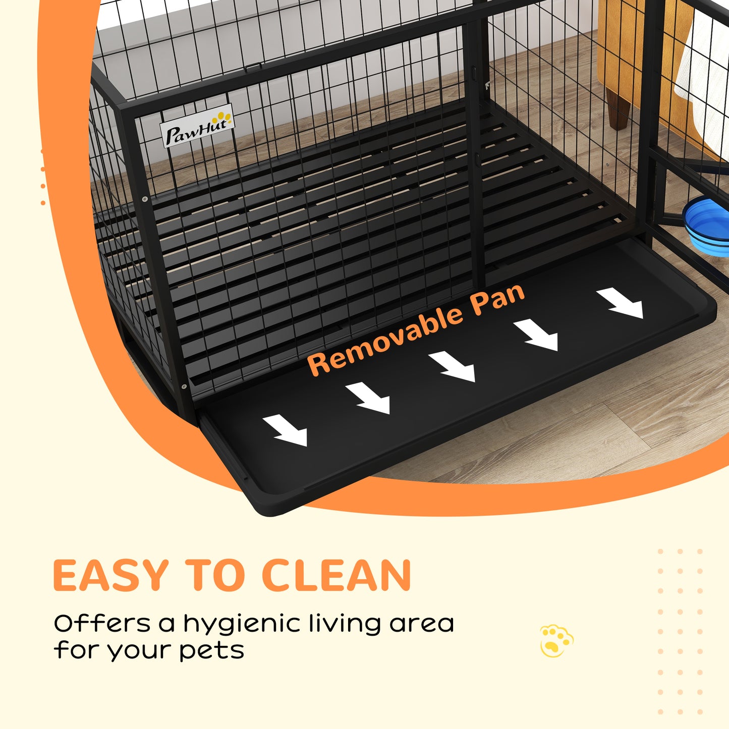 43" Heavy Duty Dog Crate on Wheels w/ Bowl Holder, Removable Tray