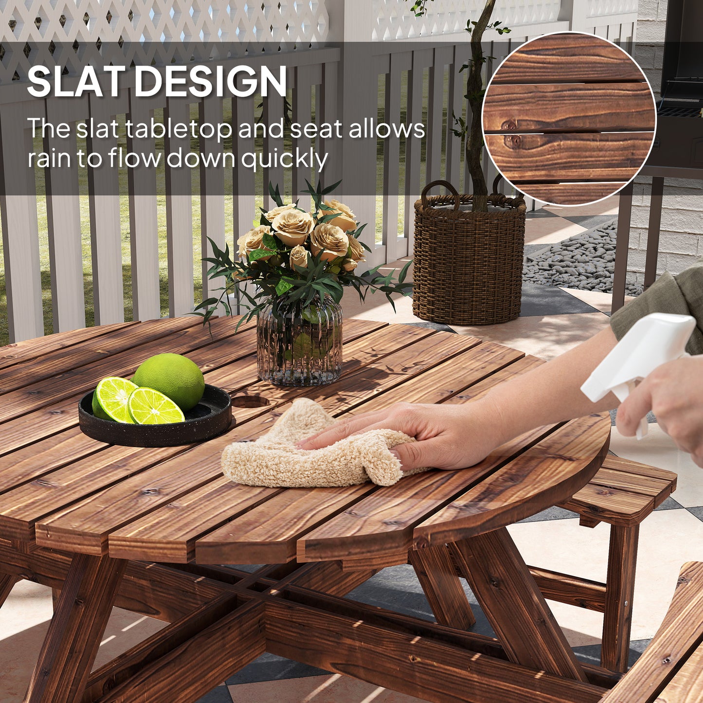 Garden Dining Set, 8 Seater Patio Furniture Set with Round Picnic Table, Parasol Hole for Outdoor Garden, Tan