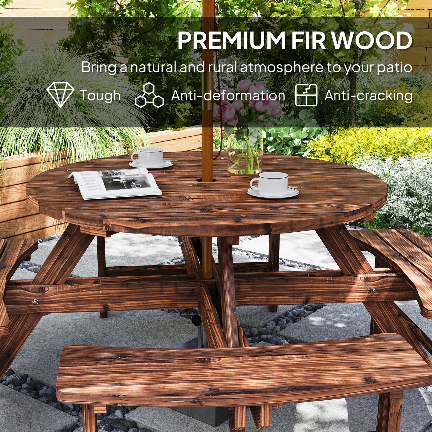 Garden Dining Set, 8 Seater Patio Furniture Set with Round Picnic Table, Parasol Hole for Outdoor Garden, Tan