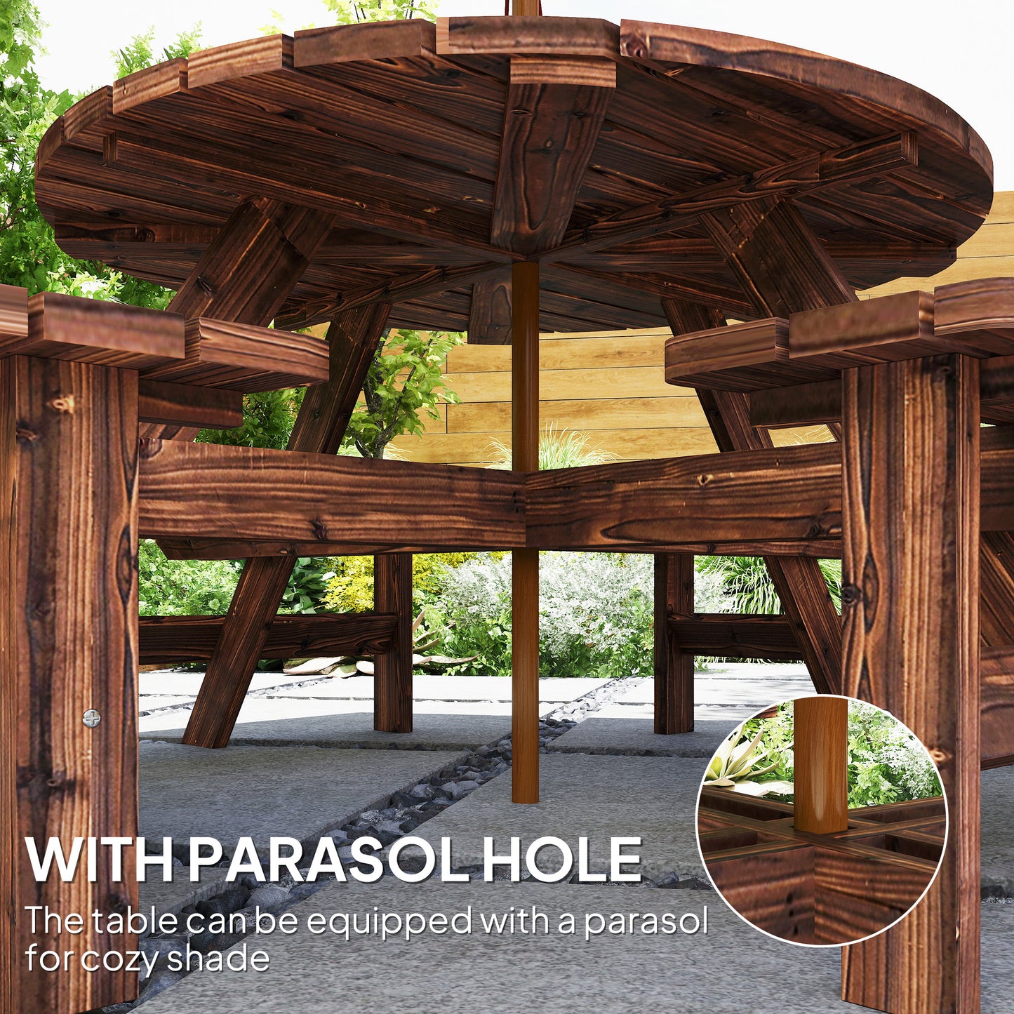 Garden Dining Set, 8 Seater Patio Furniture Set with Round Picnic Table, Parasol Hole for Outdoor Garden, Tan