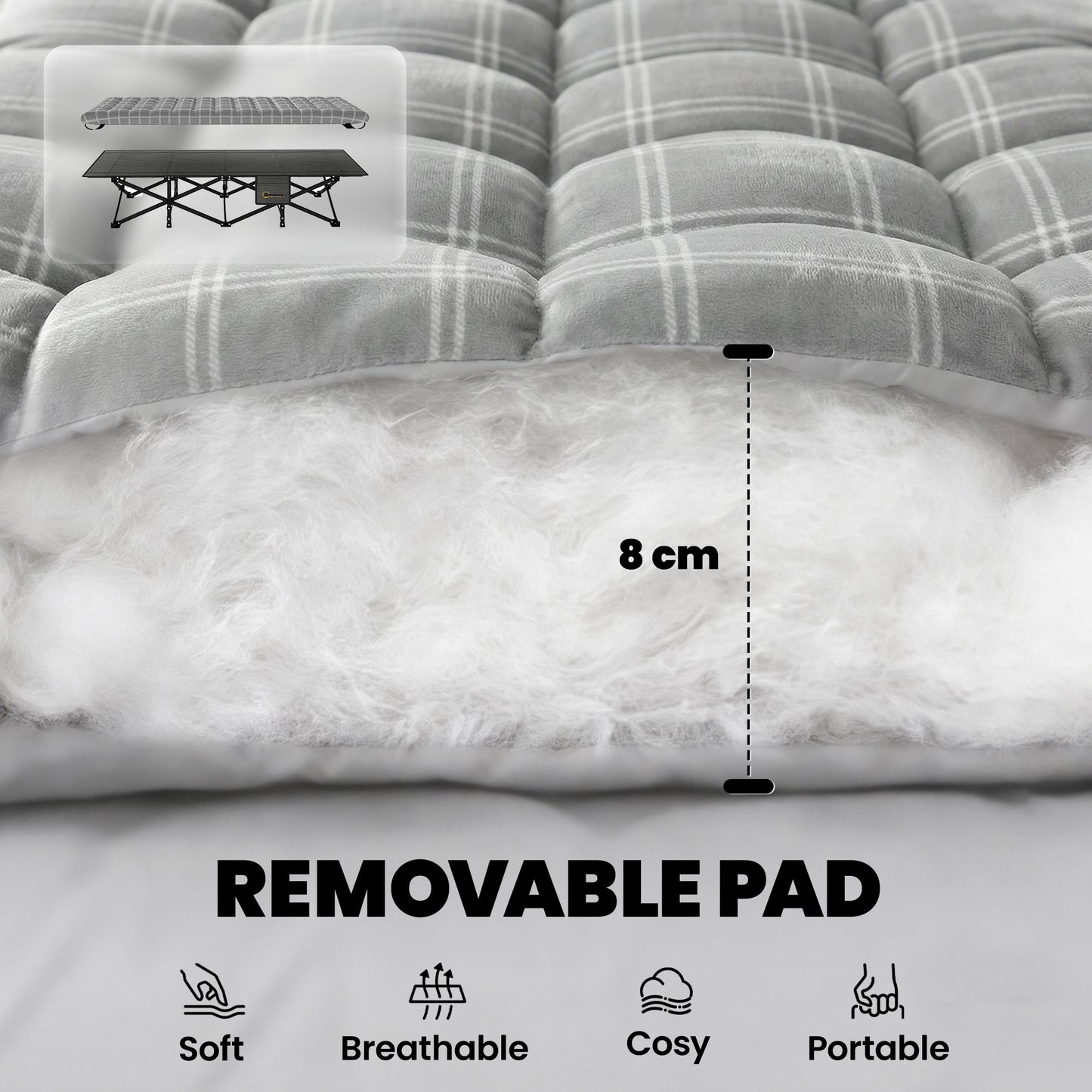 Camping Cot Heavy Duty Folding Bed with Soft Pad Grey