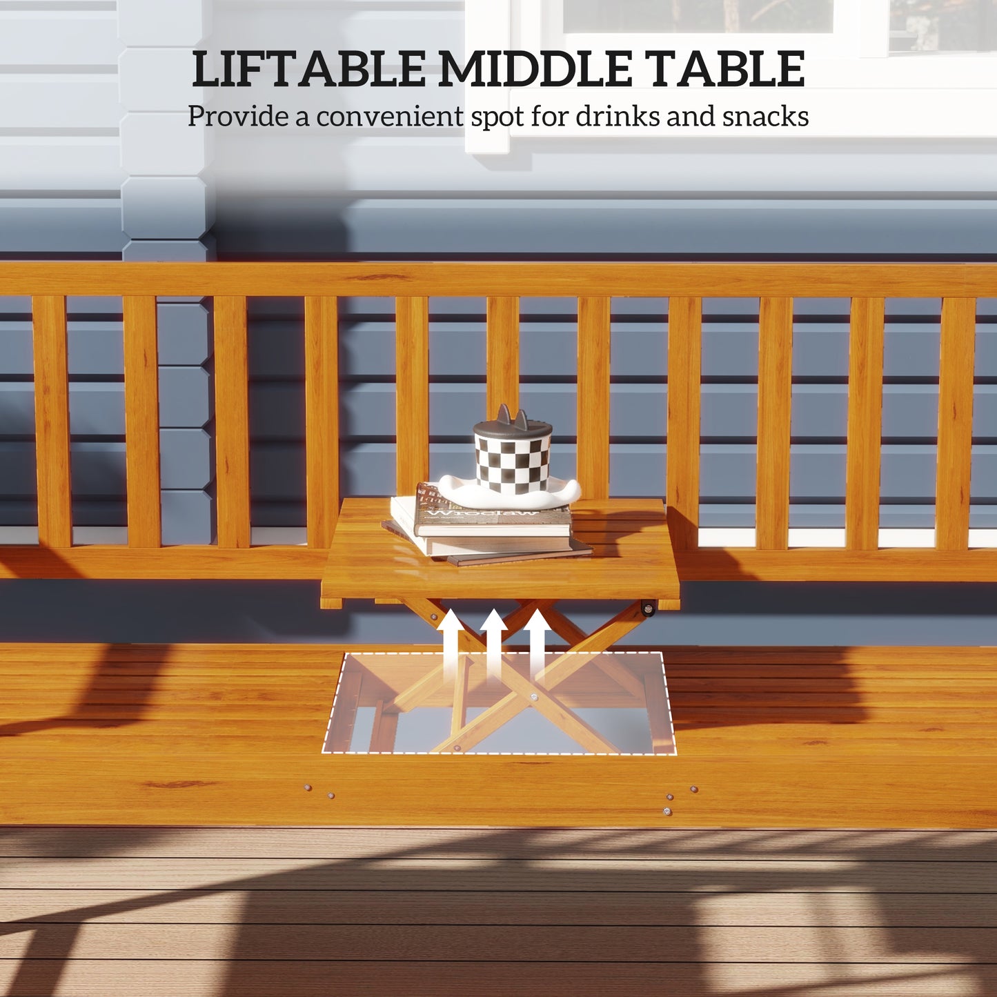 Outdoor Bench with Liftable Middle Table, 153cm Wood Garden Bench