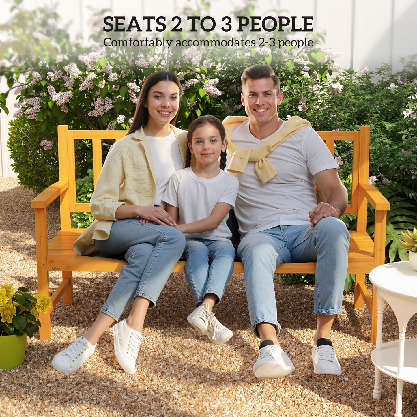 Outdoor Bench with Liftable Middle Table, 153cm Wood Garden Bench