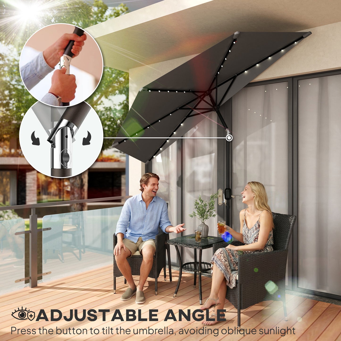 2.6 m Half Parasol with Solar Lights, UPF50+ Semi Round Umbrella