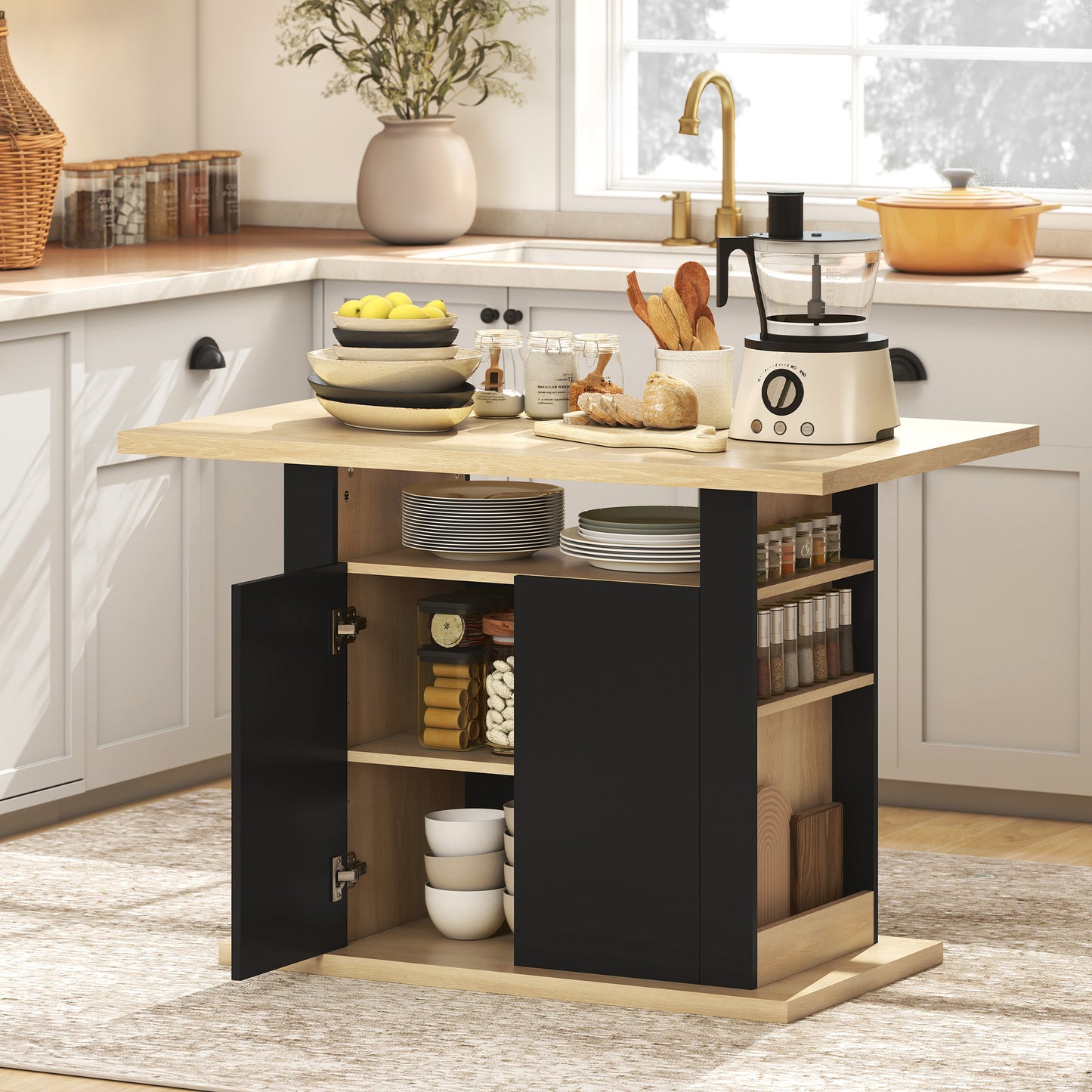 Kitchen Island with Storage Cabinet and Spice Rack, Black & Natural