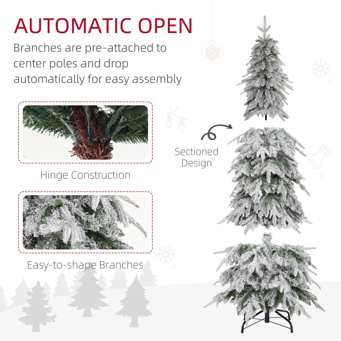 6ft Flocked Pencil Christmas Tree with Auto Open, Steel Base