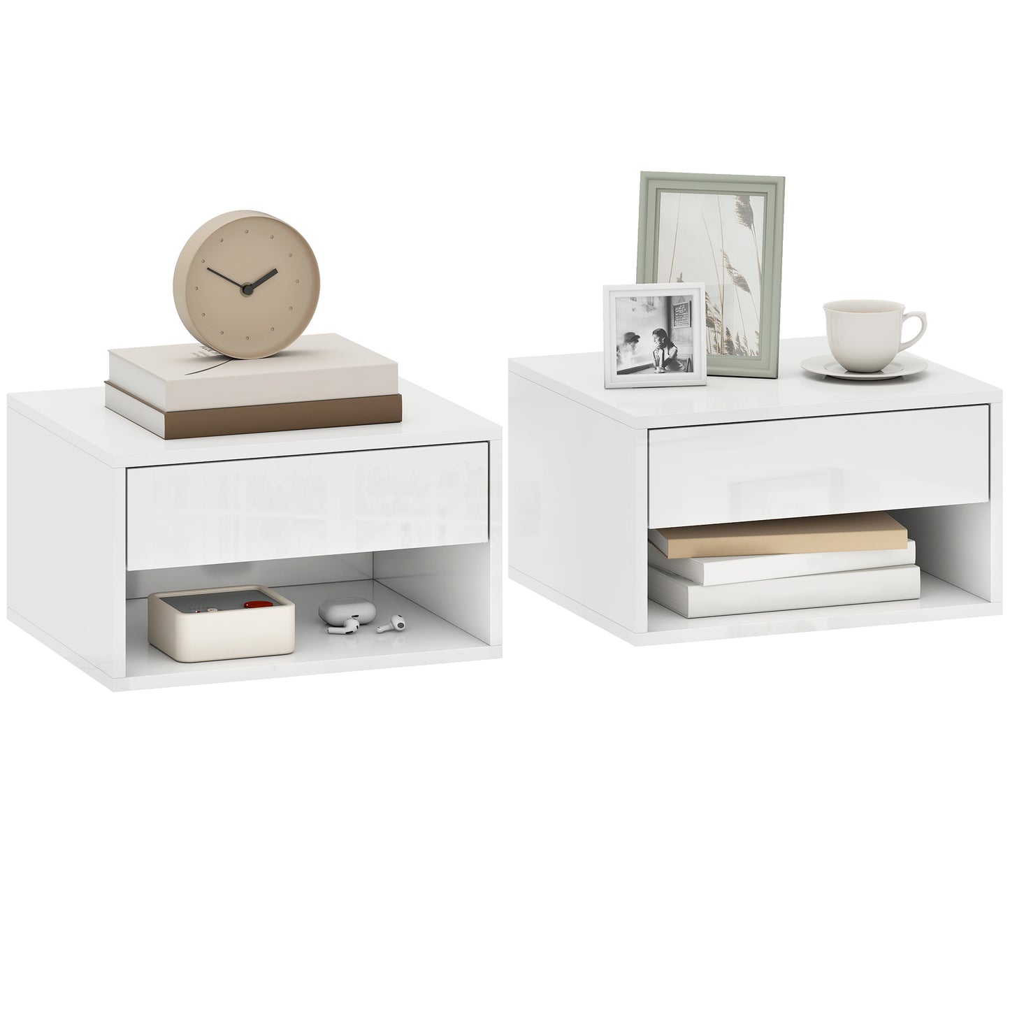 Floating Nightstands Set of 2, Bedside Table w/ Drawer and Open Shelf