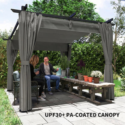 3 x 3(m) Metal Pergola with Retractable Roof and Sidewalls, Light Grey