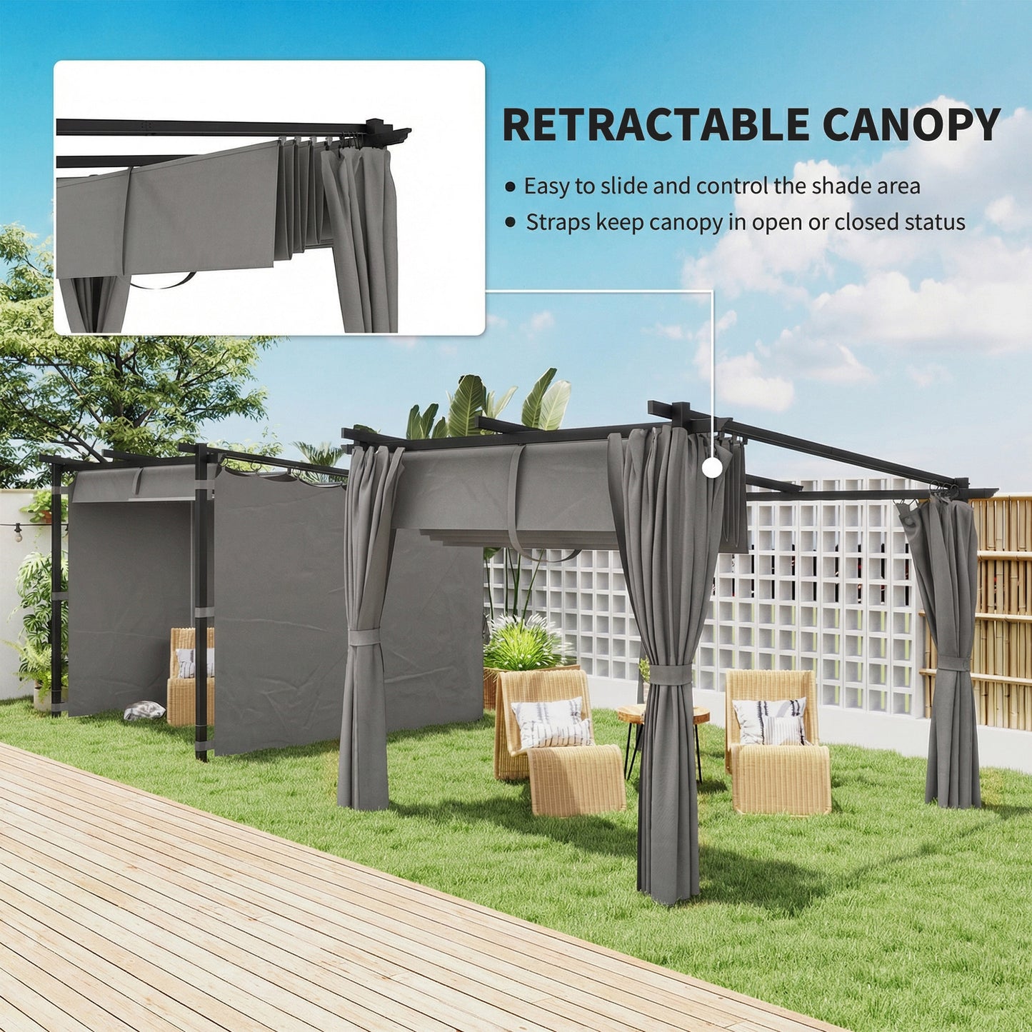3 x 3(m) Metal Pergola with Retractable Roof and Sidewalls, Light Grey