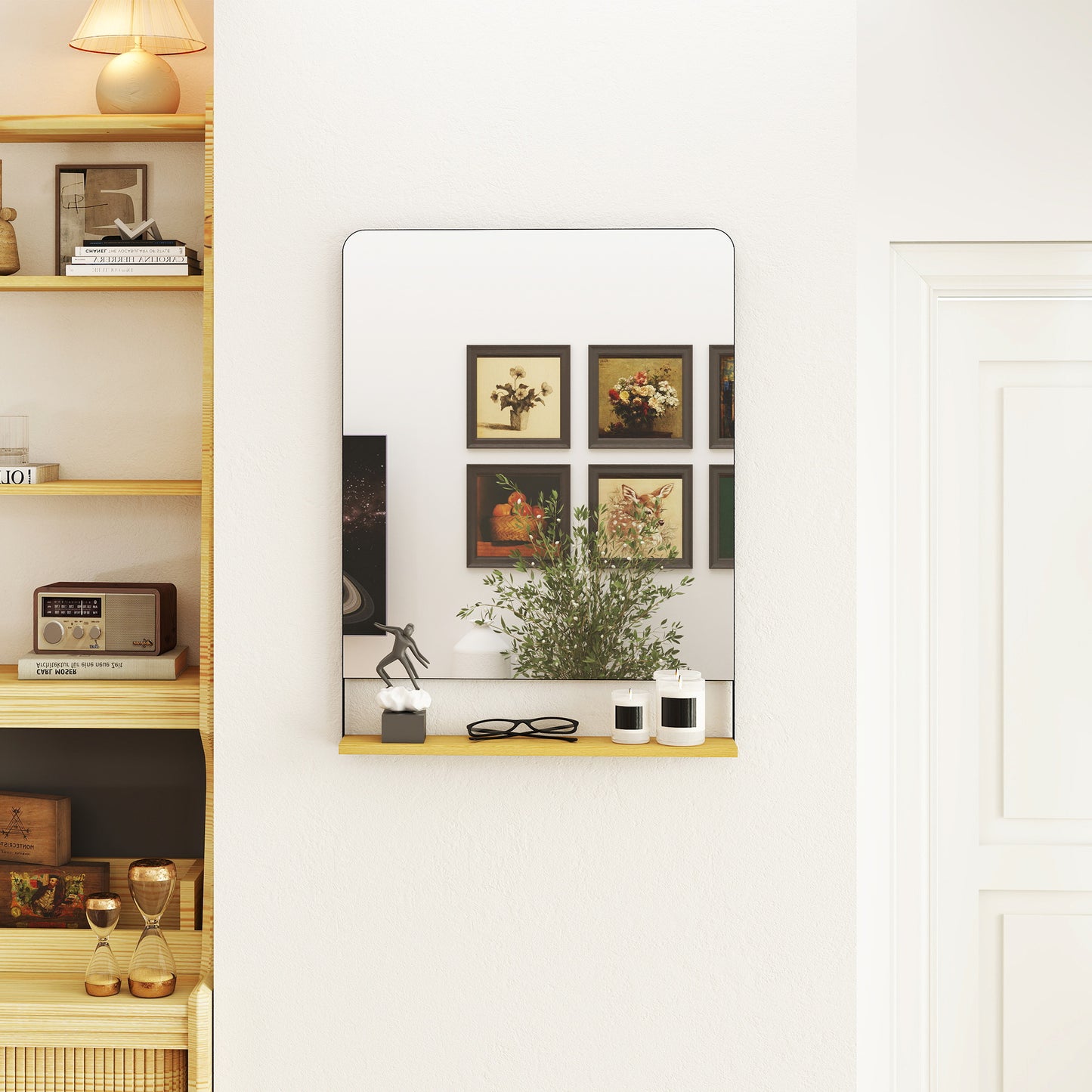 Decorative Mirror with Wood Shelf, Industrial Wall Mirror, Black