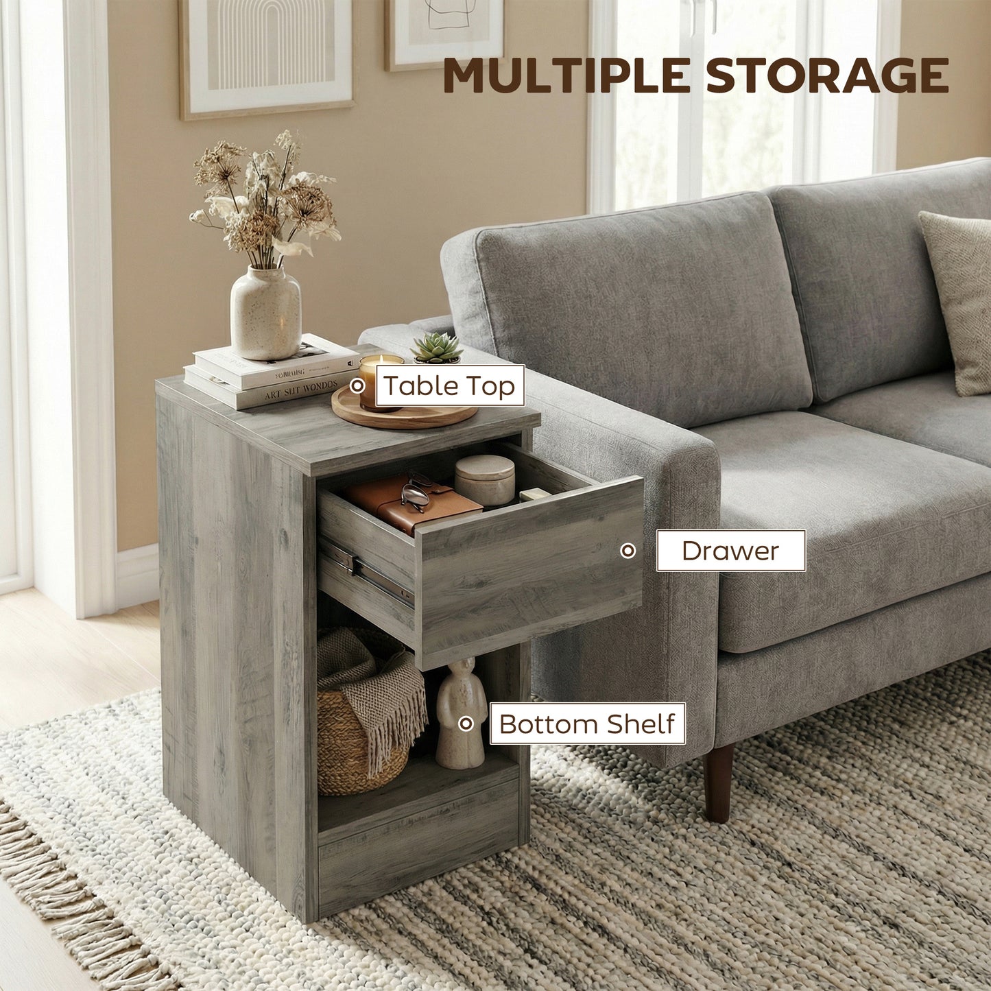 Bedside Tables Set of 2, Nightstands for Bedroom, Living Room, Grey