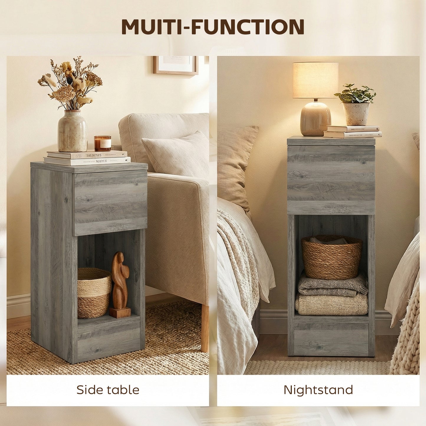 Bedside Tables Set of 2, Nightstands for Bedroom, Living Room, Grey