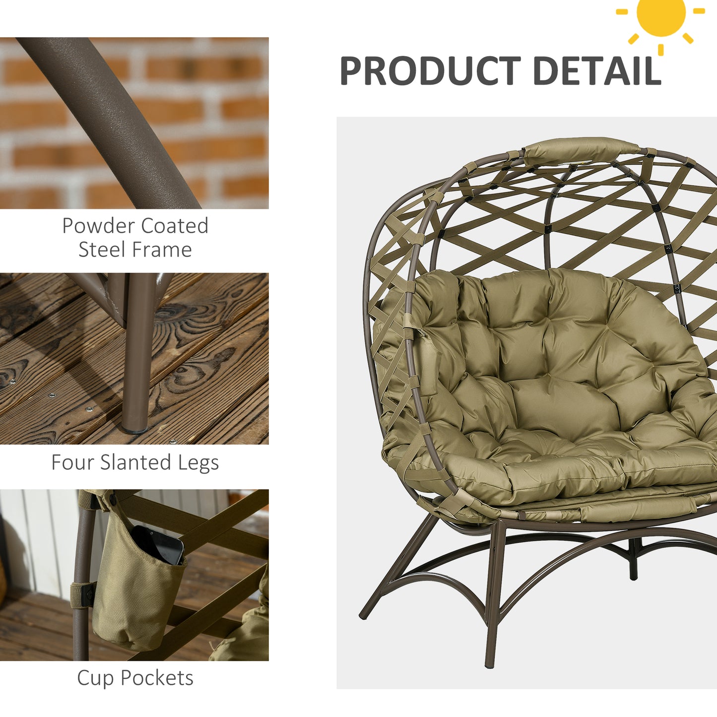 2 Seater Egg Chair Outdoor, Folding Weave Garden Furniture Chair with Cushion, Cup Pockets - Khaki