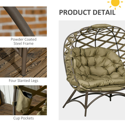 2 Seater Egg Chair Outdoor, Folding Weave Garden Furniture Chair with Cushion, Cup Pockets - Khaki