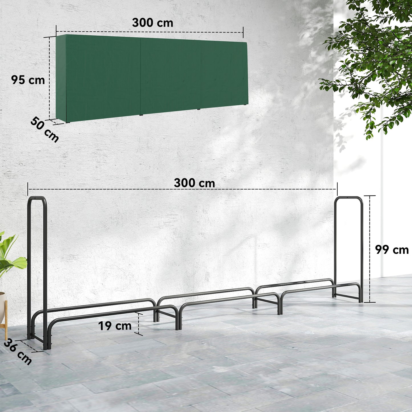 Firewood Rack with Waterproof Cover, Heavy Duty Metal Log Store Indoors, Log Storage Holder for Outdoor Indoor Fireplace, 300 x 36 x 99 cm, Dark Green
