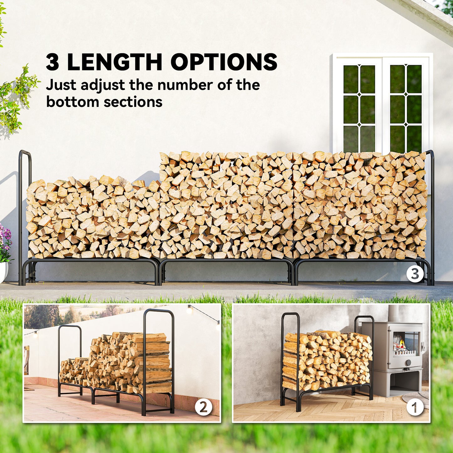Firewood Rack with Waterproof Cover, Heavy Duty Metal Log Store Indoors, Log Storage Holder for Outdoor Indoor Fireplace, 300 x 36 x 99 cm, Dark Green