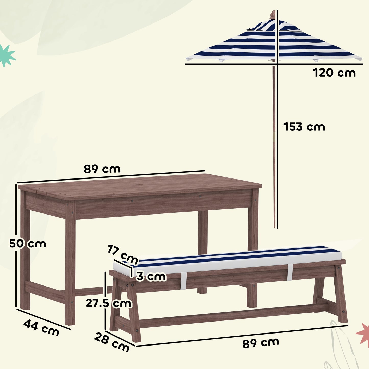 Kids Picnic Table, Wooden Kids Garden Furniture with Umbrella